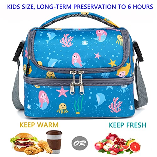 FlowFly Double Decker Cooler Insulated Lunch Bag Large Tote for Boys, Girls, Men, Women, With Adjustable Strap (Blue-Mermaid) - color: Blue-Mermaid