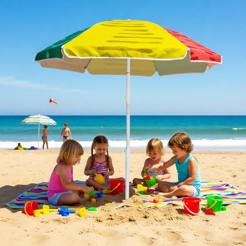 LOTTAFUN Water Table Kid Umbrella 5ft Beach Umbrella - Heavy Duty Wind Resistant UV 50+ Portable Sun Shade with Sand Anchor & Carry Bag, Outdoor Folding Umbrella for Beach,Pool,Patio,Garden (3 Color Block) - color: Three colors