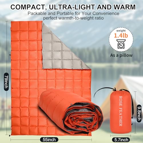 Down Camping Blanket - Lightweight, Packable, Warm & Puffy Outdoor Travel Quilt for Sleep, Hiking, Backpacking, Stadium, Festivals, Water-Resistant Sleeping Bag 55"x79" - color: Sunset Orange, size: 1LB 6OZ / 79" x 55"