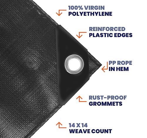 Extra Heavy Duty 14 Mil Tarp Cover, Waterproof, UV Resistant, Rip and Tear Proof, Poly Tarpaulin with Reinforced Edges for Roof, Camping, Patio, Pool, Boat (Black 6′ X 8′) - color: Black, size: 6′ X 8′