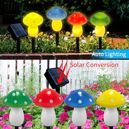 4Pcs Mushroom Solar Lights Outdoor, Waterproof Fairy Houses Light Mushroom Garden Decor Decorative Solar Powered Garden Stake Lights for Outside Lawn Walkway Patio Yard (Red/Yellow/Green/Blue) - color: Multicolor
