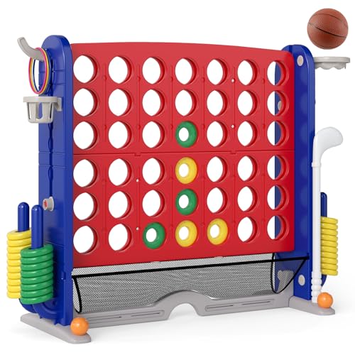 Costzon Giant 4-in-A-Row Connect Game, Height Adjustable 4-in-1 Jumbo 4-to-Score Yard Game with Golf, Ring Toss, Basketball, Cup Holder & Mesh Net, Indoor Outdoor Game for Kids Adults Family Party - color: Red/Blue