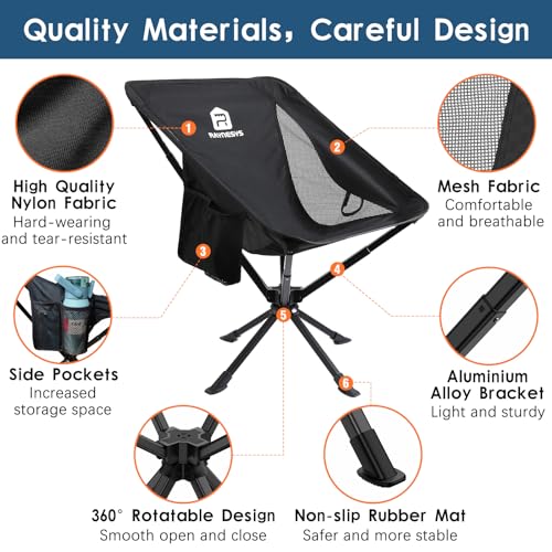 Raynesys Portable Camping Chair 2 Pack, 8 Seconds Quick Setup Folding Camping Chair, Flexible 360° Rotation, 3.8Lb Lightweight Travel Chairs for Easy Carry to Hiking, Sporting, Travel, Beach - color: Black, size: 2 Pack