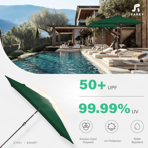 JEAREY 6.5x10 ft Rectangular Patio Umbrellas Rectangle Outdoor Umbrella with Push Button Tilt and Crank, Market Table Umbrella 6 Sturdy Ribs UV Protection for Poolside Garden Backyard Deck, Dark Green - color: Dark Green