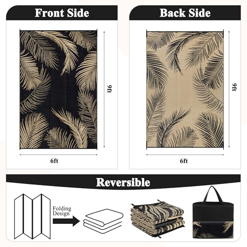 Pauwer Waterproof Outdoor Rug 6x9, Reversible Plastic Straw Patio Camping Rug, Indoor Outdoor RV Mat Carpet for Deck, Camper, Porch, Balcony, Backyard, Picnic, Leaf Black Brown - color: Leaf Black Brown, size: 6' x 9' (Rectangular)