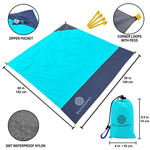 ECCOSOPHY 60x55" Blue Waterproof Compact Pocket Beach Blanket - color: Blue