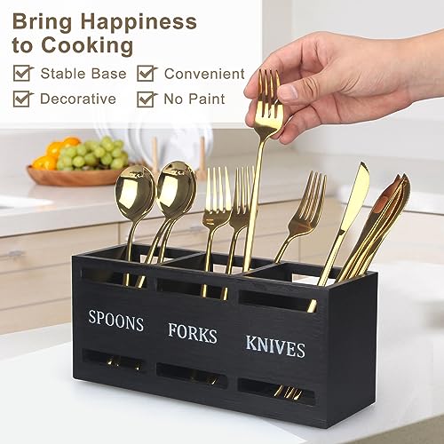 Ayiaren Wooden Silverware Caddy Flatware Cutlery Holder Wood Silverware Organizer Containers Small Black Kitchen Utensil Holder for Countertop Spoon and Fork Holder Flatware Utensils Caddy for Party - color: Black