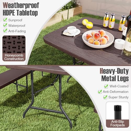 Goplus 6ft Plastic Folding Table, 350 LBS Indoor Outdoor Heavy Duty Portable Folding Tables with HDPE Tabletop, Handle, Lock, Foldable Rectangle Utility Card Table for Picnic, Party, Camping, Dining - color: Brown