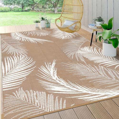 Pauwer Waterproof Outdoor Rug 5x8, Reversible Plastic Straw Patio Camping Rug, Indoor Outdoor RV Mat Carpet for Deck, Camper, Porch, Balcony, Backyard, Picnic, Leaf Brown - color: Leaf Brown, size: 5' x 8' (Rectangular)