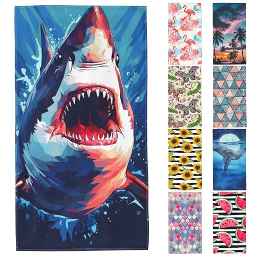 Microfiber Beach Towels,Watercolor Wild Animal Shark in Deep Sea Oversized Absorbent Bath Towels,Soft Quick Dry Thin Camping Towel for Adults Women Men,29.5"×59" - color: Watercolor Wild Animal Shark in Deep Sea
