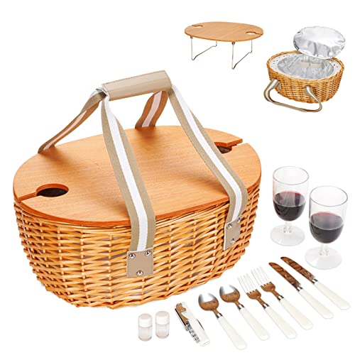 Wicker Picnic Basket for 2 with Large Insulated Cooler Compartment and Folding Table, Cutlery Service Kits, Willow Hamper Set with Woven Handles for Camping, Outdoor, Party(Beige)