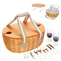 Wicker Picnic Basket for 2 with Large Insulated Cooler Compartment and Folding Table, Cutlery Service Kits, Willow Hamper Set with Woven Handles for Camping, Outdoor, Party(Beige)