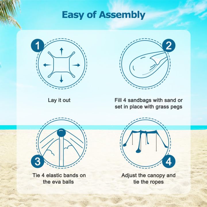 COMMOUDS Beach Tent Sun Shelter - UPF50+ Pop Up Beach Canopy with Sandbags & Sand Shovel & Windproof Poles, Portable Sun Shade for Beach, Camping, Picnics, Backyard - color: Sky Blue, size: 7x7 Ft 4 Pole
