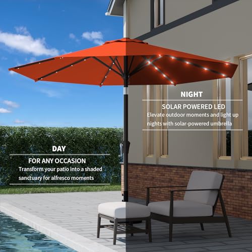 9FT Patio Umbrella with Solar Lights,Outdoor Market Umbrella with Tilt and Crank, LED Lighted Table Umbrella for Garden,Deck,Backyard,Pool,Beach (Orange) - color: Orange