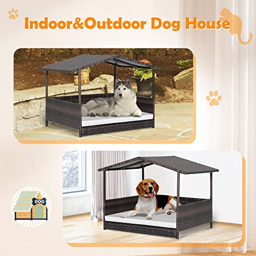 Wicker Dog House Elevated Dog Bed Houses for Indoor Outdoor, Raised Rattan Dog Cot Woven Pet Sofa, w/Waterproof Shelter, Removable Cushion Lounge, Washable Cover - style: White