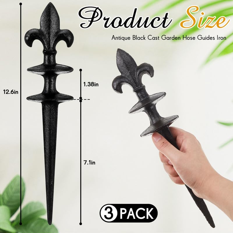 Tandefio 3 Pcs Fleur De Lis Garden Hose Guide Stakes, Heavy Duty Decorative Antique Black Cast Iron Metal Hose Guides, Plant Protector for Lawn Yard Flower Bed - style: Fleur De Lis