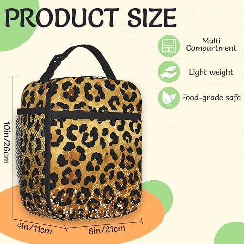 Leopard Print Lunch Box for Men,Gold Glitter Lightweight Reusable Lunch Bag for Girls Boys,Portable Insulated Small Cooler Bag for Picnic,Travel,School,Office - color: Leopard Print