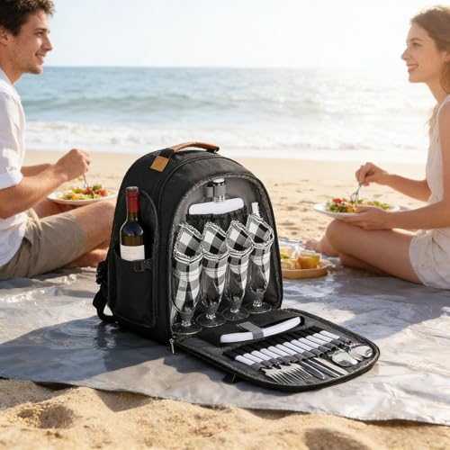 Picnic Backpack for 4 with Plates and Cutlery, Insulated Cooler Bag with Blanket & Wine Holder, All-in-One Outdoor Dining Set for Camping, Beach, Tailgating - 25L (Black) - color: Black