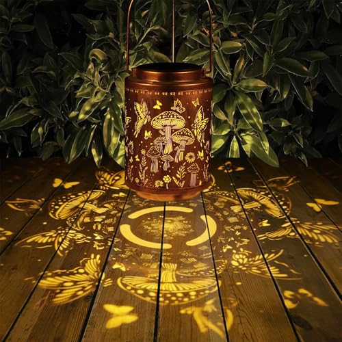 Solar Lanterns Outdoor Waterproof Mushroom Butterfly Garden Decor Gifts for Women Mon Grandma Metal Hanging Solar Lights Decoration for Outside LED Lanterns for Yard Patio Lawn - style: Mushroom