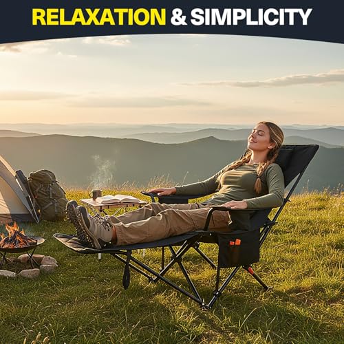 2-in-1 Reclining Camping Chair, Portable Folding Beach Lounge Chair with Footrest & Adjustable Backrest, Comfortable Lawn Chair for Adults Heavy Duty with Cup Holder for Outdoor Poolside Sports - color: Black, size: 1 Pack