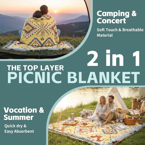 2 in 1 Extra Large Camping Blanket Outdoor Picnic Yoga Mat Lightweight Car Essential Roadtrip Gadget Rv Accessories Glamping Tent Gear Must Haves Hiking Stuff Backpacking Necessities Women Beach Gift - color: Boho Yellow