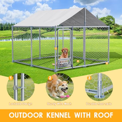 7.5 FT Large Outdoor Dog Kennel with Roof, Dog Enclosure w/Rotating Feeder, Heavy Duty Dog Run Playpen with 2 Stainless Bowls, Galvanized Pet House w/Secure Lock, Wateproof Cover - size: 90"×90"×63"-w/rotating feeders