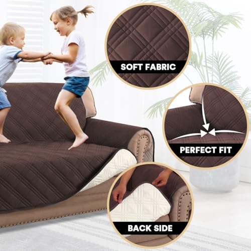 PrinceDeco 100% Waterproof Loveseat Covers for 2 Cushion Couch Sofa Covers Waterproof and Washable Sofa Slipcover with Side Pocket Furniture Protector with Elastic Straps(Loveseat 48", Brown) - color: Brown, size: Loveseat