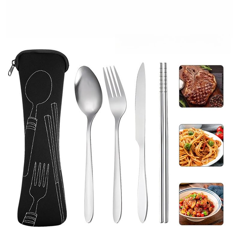 4-piece Cutlery Set, Rust-resistant Stainless Steel Utensils, Suitable for Travel, Camping, Picnics, Work, and Hiking (Black) - color: Black