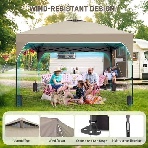 8x8 FT Canopy Tent, Pop Up Canopy with 1-Button Push, 4 Sandbags, Instant Outdoor Gazebo Shelter (Khaki, 8x8) - color: Khaki, size: 8x8