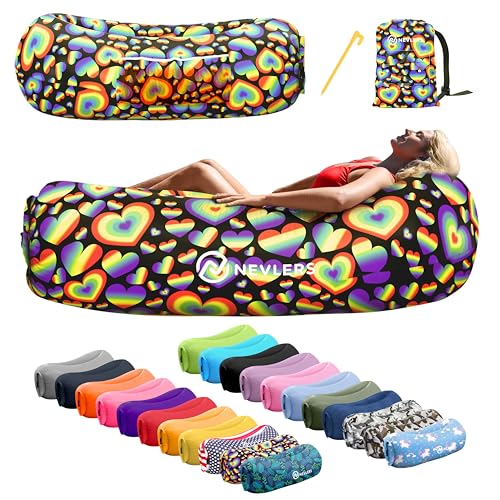 Nevlers Rainbow Heart Inflatable Lounger Air Sofa | 210T Polyester Inflatable Couch | No-Pump Air Couch | Inflatable Sofa w/ 450lbs. Cap., Pockets & Matching Bag | Use as Camp Chairs for Adults & Kids - color: Rainbow Hearts, size: 1 Pack