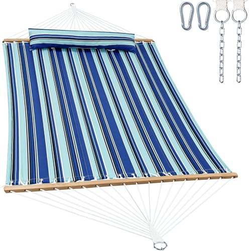 GAFETE Hammock 2 Person Quilted Fabric Hammocks for Outside, Double 12ft Hammocks with Spreader Bar, Large Removable Pillow, Storage Bag, Carabiners, Max 475 lbs Capacity (Catalina Beach) - color: Catalina Beach