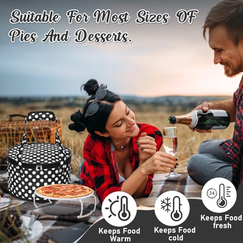 Pickmesh Round Pie Carrier 12 x 7 Inch Insulated Casserole Carriers with Lid and Detachable Handle for Hot or Cold Food Cake Transport Thanksgiving Christmas Gift(Black White Polka Dots) - color: Black White Polka Dots