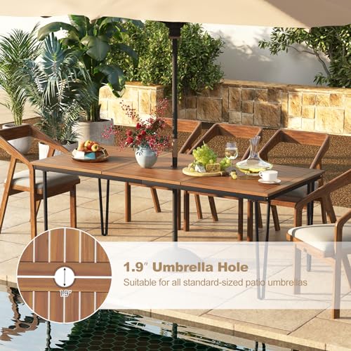 Tangkula 79 Inch Outdoor Dining Table for 8, Acacia Wood 8-Person Patio Table with 1.9 Inch Umbrella Hole, Metal Legs & Adjustable Foot Pads, Rectangular Outside Table for Garden, Poolside & Backyard - size: 79"