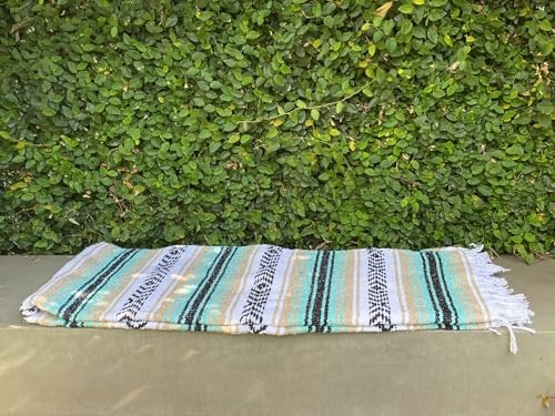 Del Mex Classic Mexican Blanket, Large Authentic Woven Falsa Throw (70"x50"), Artisan Southwest Décor for Beach, Yoga, Outdoors (Mint/Tan) - color: Mint/Tan