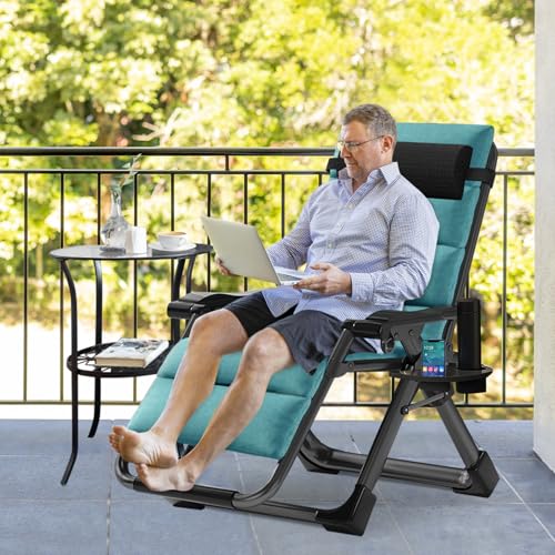 Slsy Zero Gravity Chair, Reclining Lounge Chair with Removable Cushion & Tray for Indoor and Outdoor, Patio Recliner Folding Reclining Chair - color: Linen Persian Green, style: Zero Gravity Chair