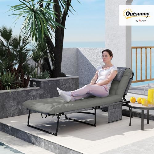 Outsunny Folding Chaise Lounge with 4-Level Reclining Back, Outdoor Tanning Chair with Cushion, Outdoor Lounge Chair with Breathable Mesh Fabric, Side Pocket, Headrest, Gray - color: Grey