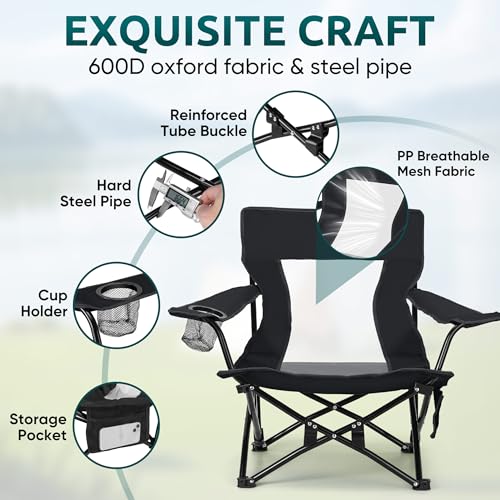 HaSteeL Folding Beach Chair Set of 2, Foldable Black Camping Chairs for Outside, Low Beach Chair Portable for Adults Fishing, Picnic, Outdoor BBQ, Travel, Sports, Cup Holder & Storage Bag - color: Black Chairs