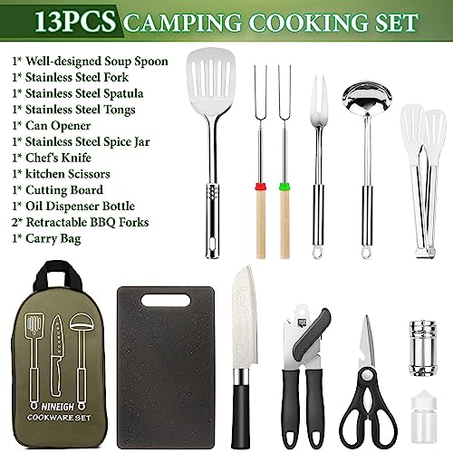 Camping Cooking Utensils Set, Stainless Steel Grill Tools, Camping BBQ Cookware Gear and Equipment for Travel Tenting RV Van Picnic Portable Kitchen Essentials Accessories - color: Green-13 PCS