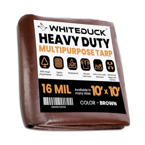 WHITEDUCK Super Heavy Duty Poly Tarp Cover 16 Mil & 10 Mil with Grommets and Reinforced Edges (Brown, White & Silver Black) (Brown- 16 Mil, 10' x 10') - color: Brown- 16 Mil, size: 10' x 10'