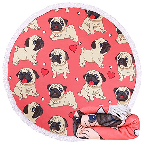 Benefeet Sox Beach Towel Large Round Mandala Pool Towels Tassels Microfiber Quick Dry Beach Blanket Throw Bohemian Roundie Swim Pool Circle Towel, 59 Inches - color: Heart Pug Dog, Pink