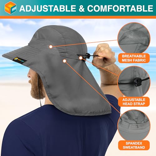 SUN CUBE Wide Brim Sun Hat with Neck Flap, UPF50+ Hiking Safari Fishing Hat for Men Women, Sun Protection Beach Hat - color: Gray