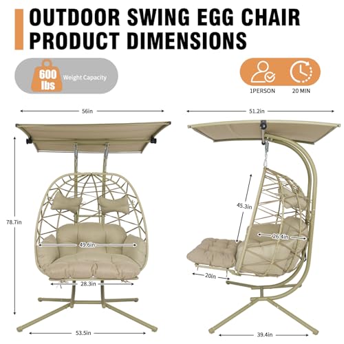 Double Egg Chair Outdoor with Stand & Canopy,Hanging Loveseat Hammock Swing Chair with Leg Rests & UV Resistant Cushion,Patio Swinging Chair,600LBS Capacity for Bedroom Balcony Garden - color: Double Chair & Footrest & Canopy, size: Khaki Frame&Floral Cus