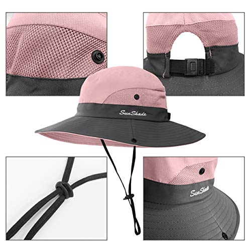 3 Pieces Womens Ponytail Wide Brim Sun Hat Packable UV Protection Beach Cap for Fishing & Hiking - color: Purple＆watermelon Red＆pink
