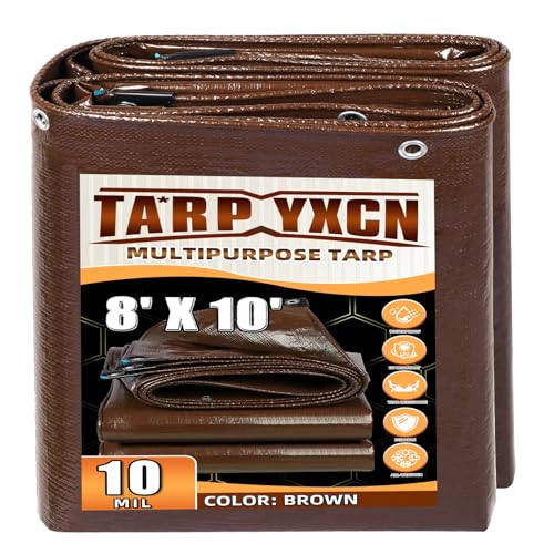 Brown Tarp 8x10 Feet, 10 Mil Thick Waterproof Poly Tarps Cover UV Resistant, Rip & Tear Proof with Metal Grommets Every 20 Inches - color: Brown, size: 8x10 Ft