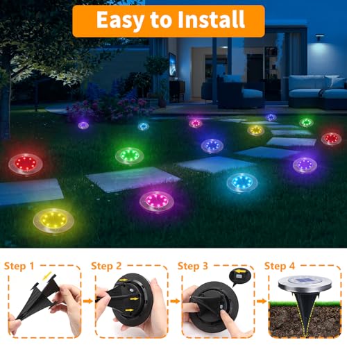 LYHOPE Solar Ground Light Outdoor, 16 Pack 8 LED Color Changing Solar Disk Lights Waterproof Garden In-ground Pathway Lights Landscape Lighting for Lawn,Yard,Deck,Patio,Walkway (RGB) - color: RGB (Red, Green, Blue), size: 16 Pack