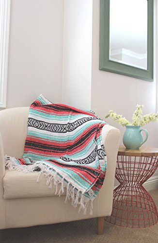 Del Mex Classic Mexican Blanket, Large Authentic Woven Falsa Throw (70"x50"), Artisan Southwest Décor for Beach, Yoga, Outdoors (Pink/Mint) - color: Pink/Mint