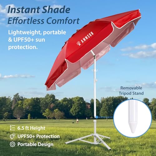 AMMSUN Shade Umbrella, Premium Portable Umbrella with Stand, 6.5ft Lightweight Free Standing Canopy for Sporting Games, Adjustable Instant Sun Protection and Easy to Carry, Red - color: Red