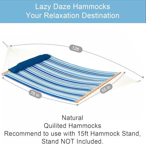 Lazy Daze Hammocks 12 FT Quilted Fabric Double Hammock with Spreader Bars and Detachable Pillow, 450lbs Weight Capacity - color: Mixed Blue Stripes