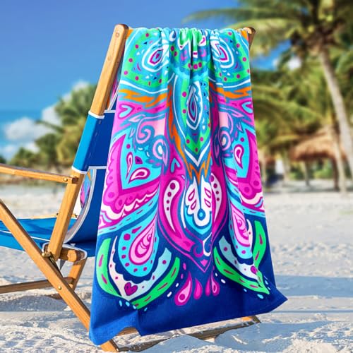 Oversized Terry Beach Towel 36 x 72 in Soft Extra Large Big Pool Swim Towels for Adults XL Clearance Big Travel Blanket Cruise Vacation Accessories Essentials Lounge Chair Cover Purple Floral - color: Purple Floral Pattern