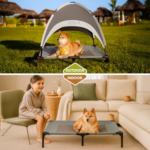 FUNNY FUZZY Elevated Dog Bed with Canopy for Small Dogs, 24"x18"x7" Cooling Outdoor Pet Cot with UV Protection, Breathable Mesh for Cooling, Indoor & Outdoor Use for Dogs, Grey - color: Grey, size: Small